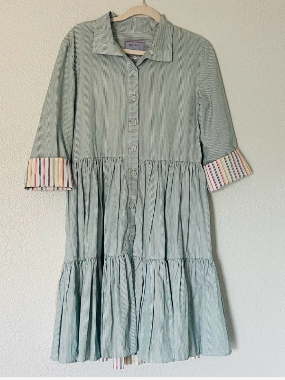 Dovima Light Mint Striped Button-Front Tiered Dress with Rainbow Cuffs